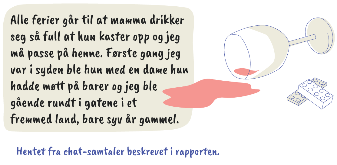 Alle ferier går til at mamma drikker seg så full at hun kaster opp og jeg må passe på henne. Første gang jeg var i syden ble hun med en dame hun hadde møtt på barer og jeg ble gående rundt i gatene i et fremmed land, bare syv år gammel. Sitat hentet fra chat-samtaler beskrevet i rapporten.